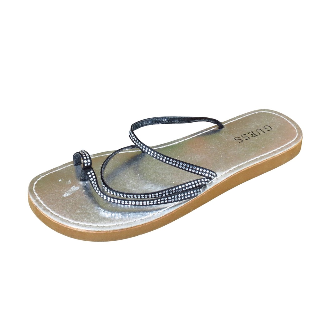 Guess Glizet Women Strappy Sandal Size 8 Summer Sparkle Black Silver Rhinestone